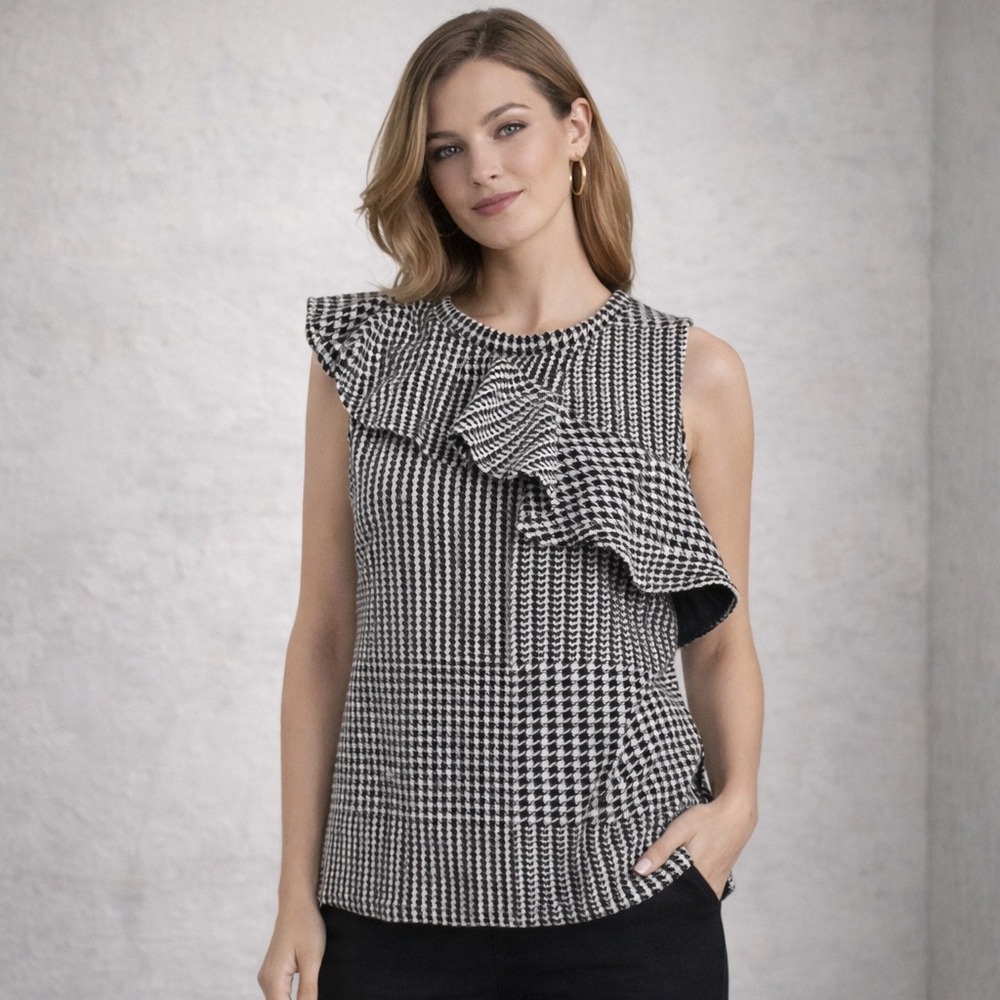 Dolan Left Coast Collection Top Women M Black White‎ Houndstooth Ruffle Romantic